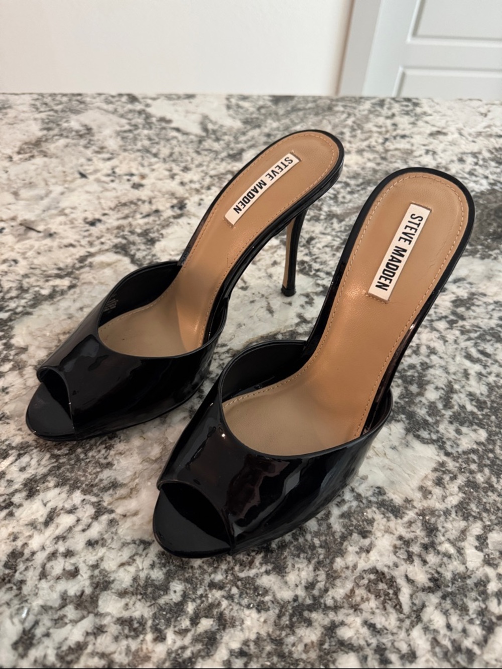 Steve Madden Black Patent Peep-Toe Heels, 10